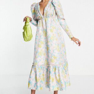 Asos NEW Floral Jacquard Puff sleeve Plunge neck Pleated High waist Midi Dress 8